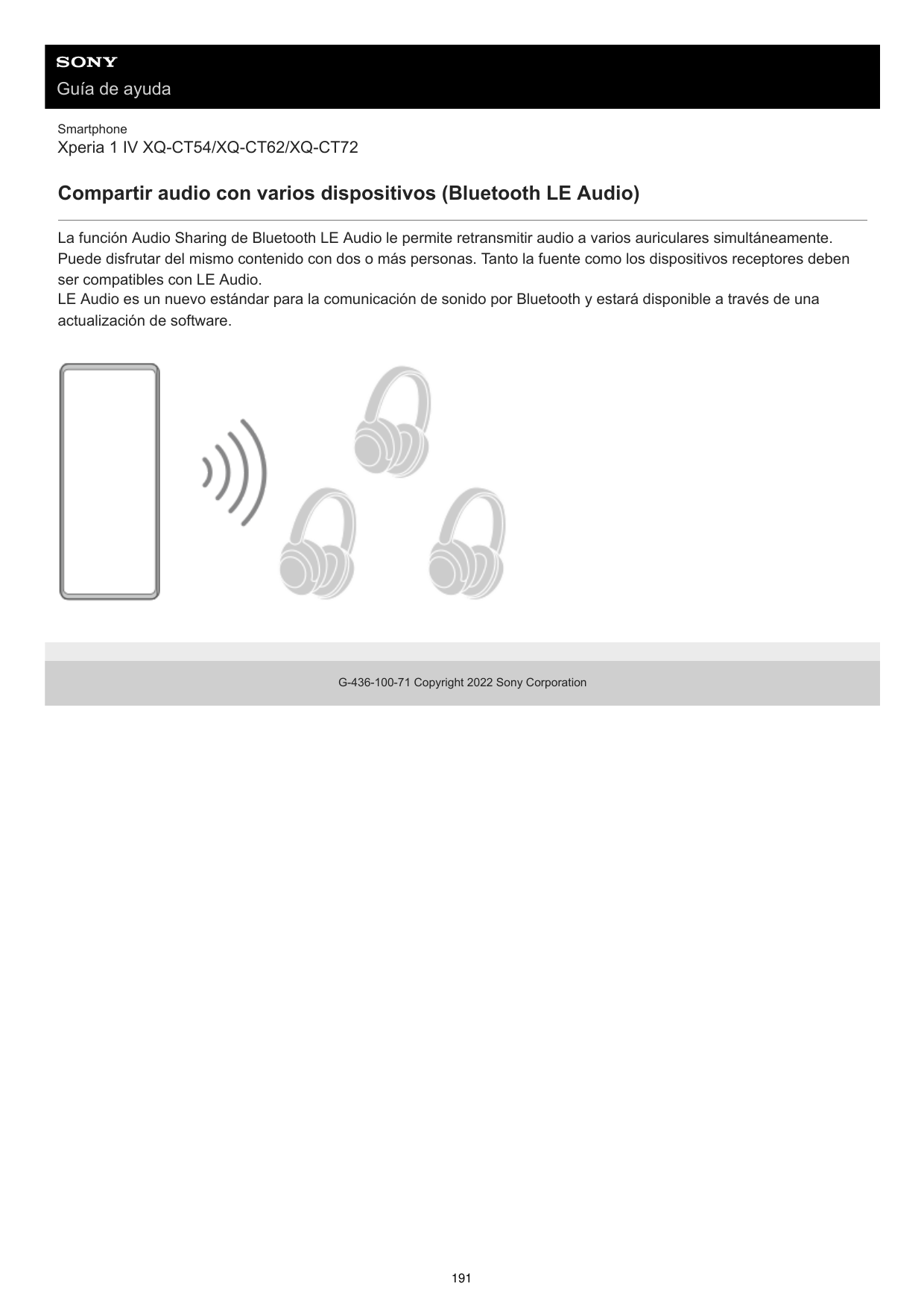 Guía de ayudaSmartphoneXperia 1 IV XQ-CT54/XQ-CT62/XQ-CT72Compartir audio con varios dispositivos (Bluetooth LE Audio)La función