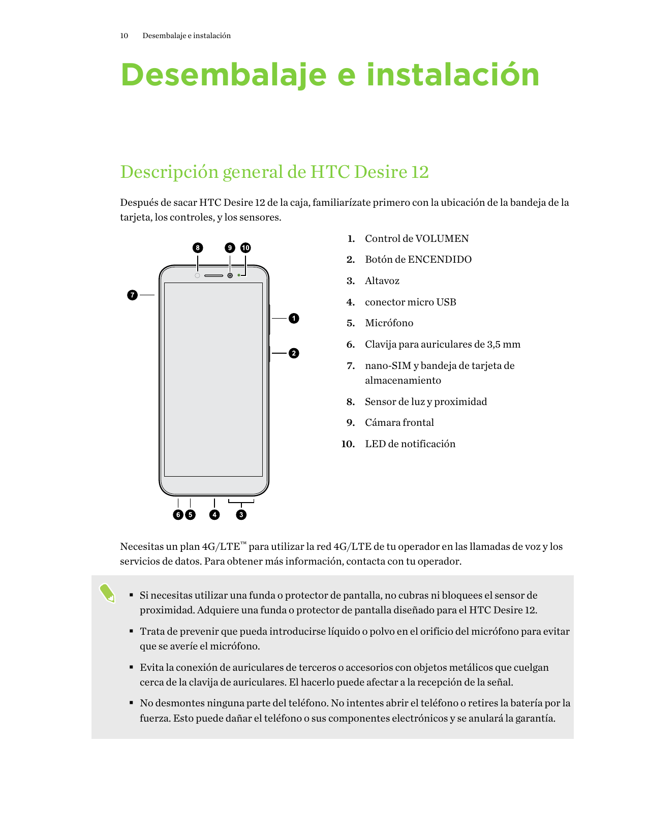 10Desembalaje e instalaciónDesembalaje e instalaciónDescripción general de HTC Desire 12Después de sacar HTC Desire 12 de la caj