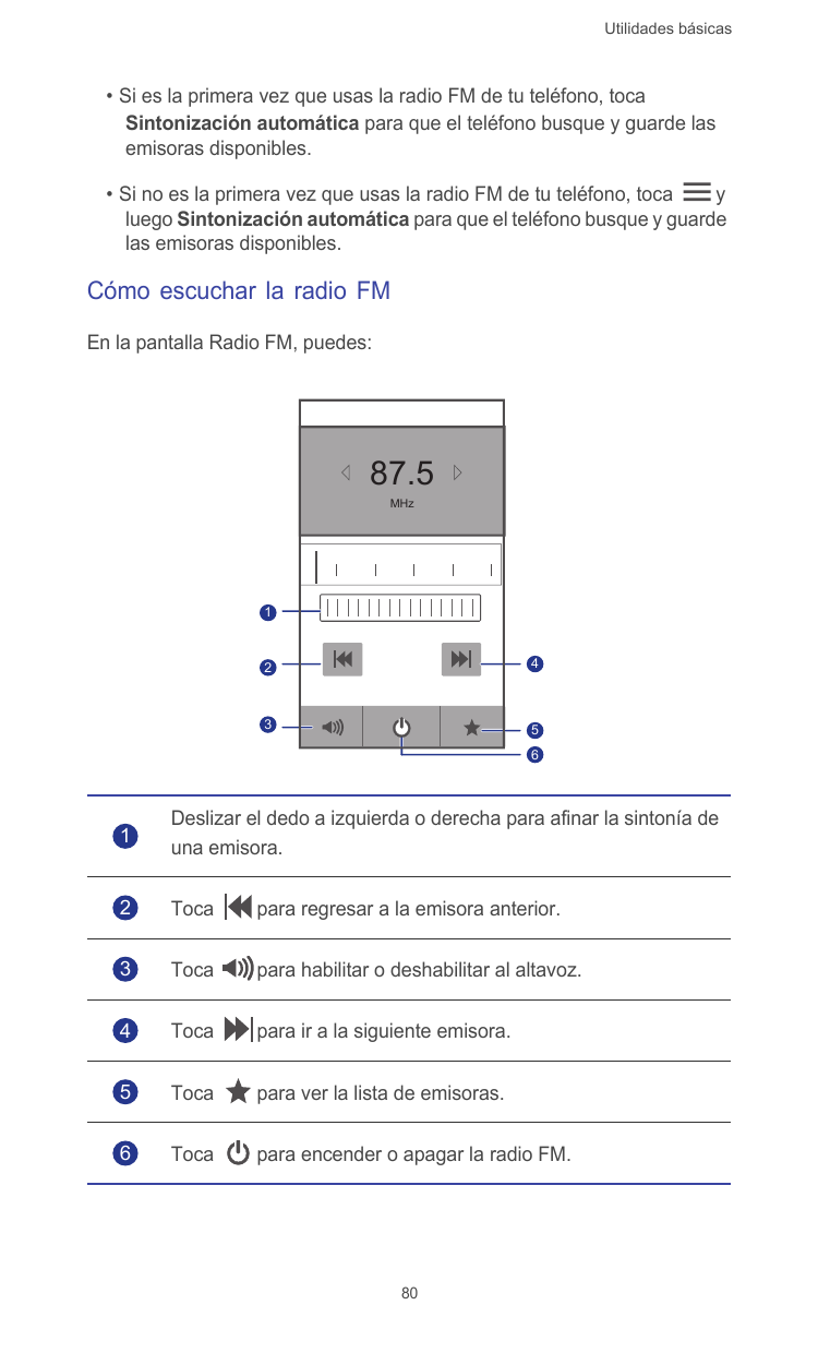 Utilidades básicas• Si es la primera vez que usas la radio FM de tu teléfono, tocaSintonización automática para que el teléfono 
