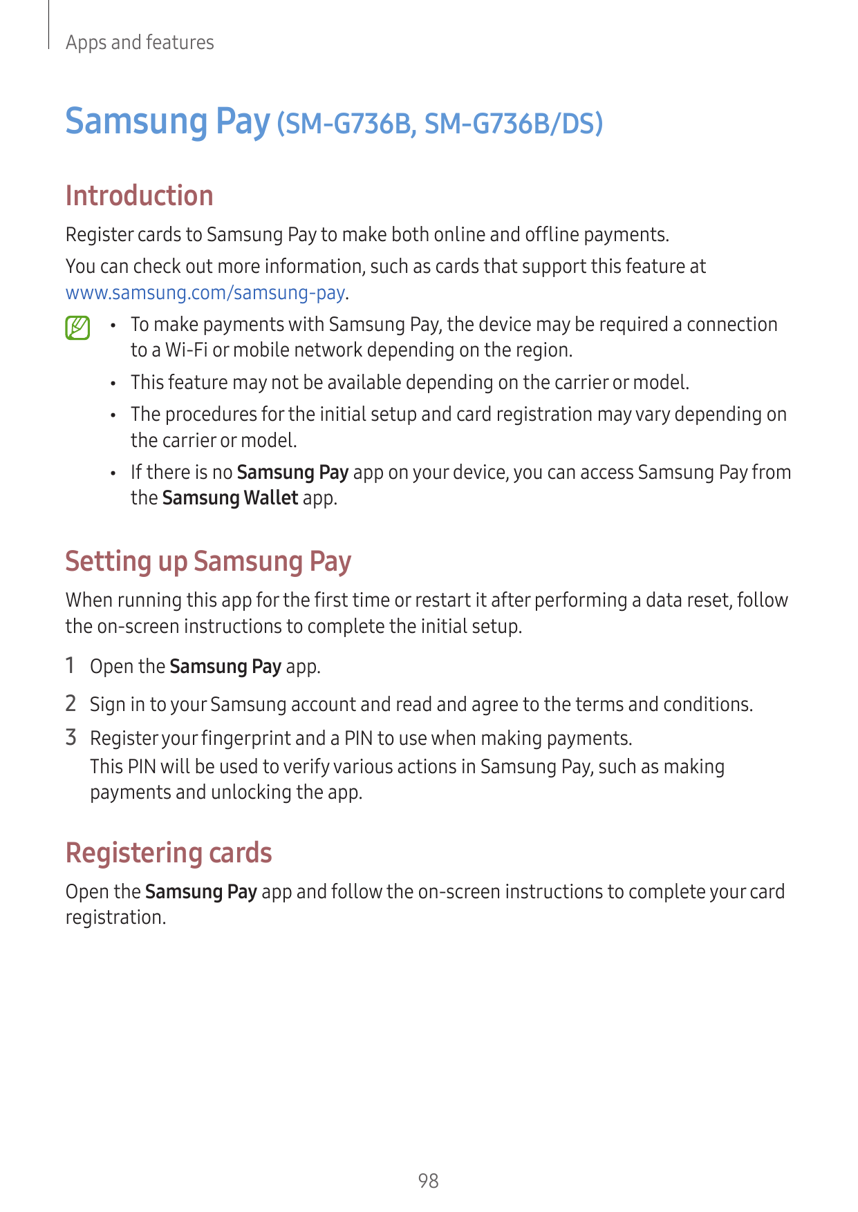 Apps and featuresSamsung Pay (SM-G736B, SM-G736B/DS)IntroductionRegister cards to Samsung Pay to make both online and offline pa