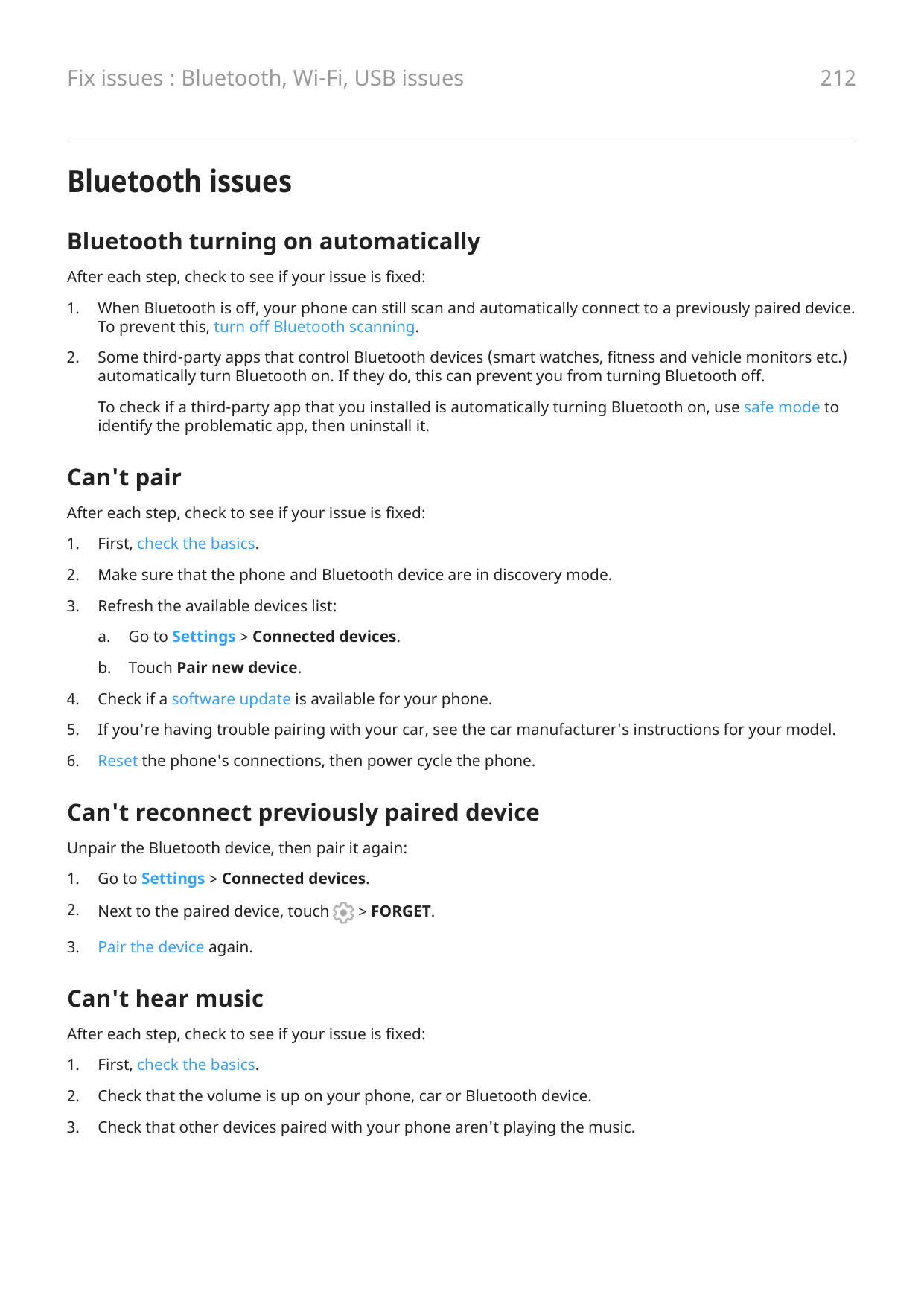 Fix issues : Bluetooth, Wi-Fi, USB issues212Bluetooth issuesBluetooth turning on automaticallyAfter each step, check to see if y