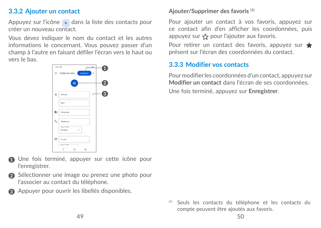 3.3.2 Ajouter un contactAjouter/Supprimer des favoris (1)Appuyez sur l’icônedans la liste des contacts pourcréer un nouveau cont