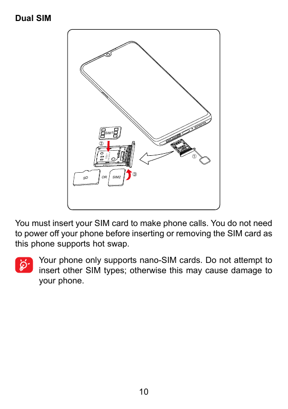 Dual SIMSIM1②①SDORSIM2③You must insert your SIM card to make phone calls. You do not needto power off your phone before insertin