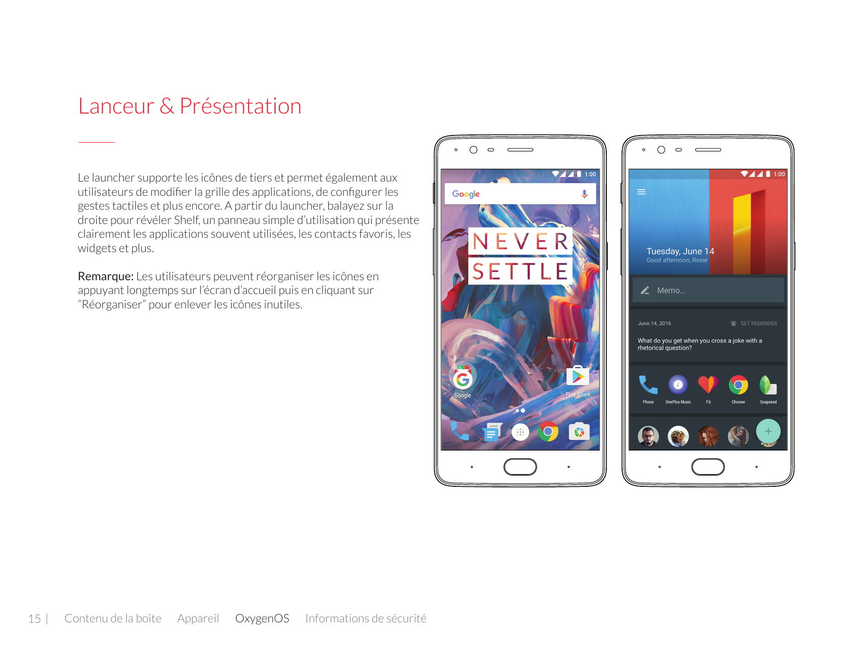 Lanceur & PrésentationLe launcher supporte les icônes de tiers et permet également auxutilisateurs de modifier la grille des app