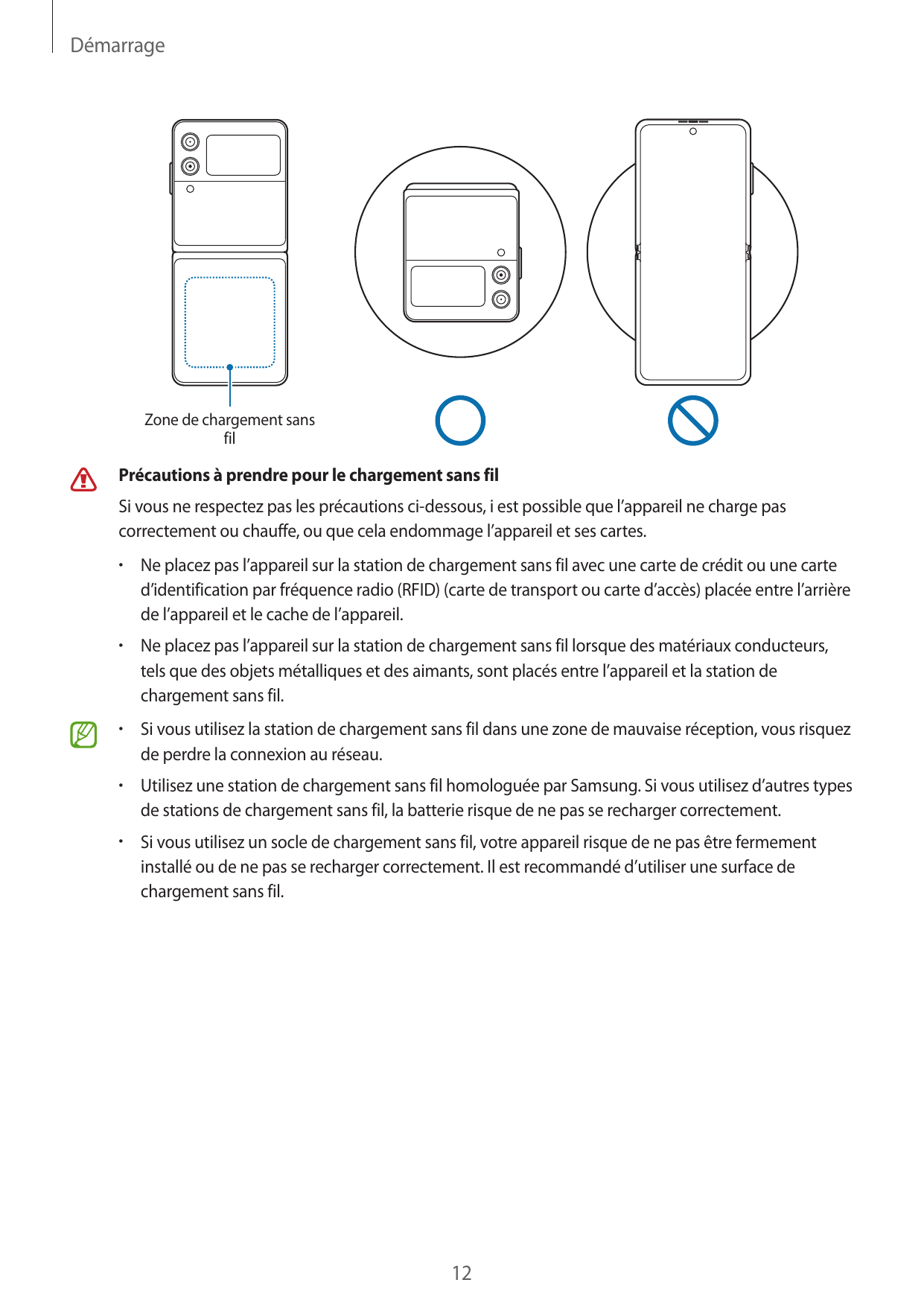 DémarrageZone de chargement sansfilPrécautions à prendre pour le chargement sans filSi vous ne respectez pas les précautions ci-