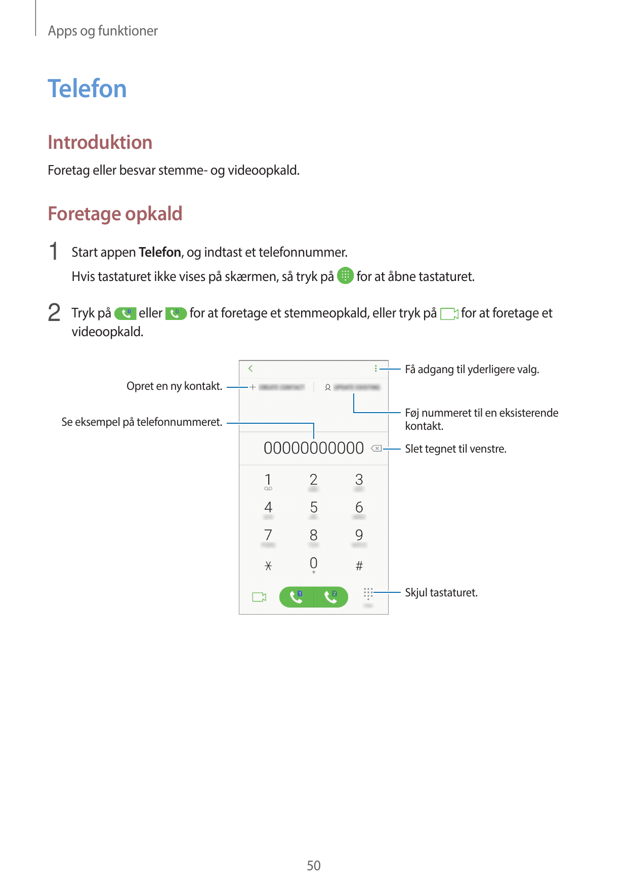 Apps og funktionerTelefonIntroduktionForetag eller besvar stemme- og videoopkald.Foretage opkald1 Start appen Telefon, og indtas