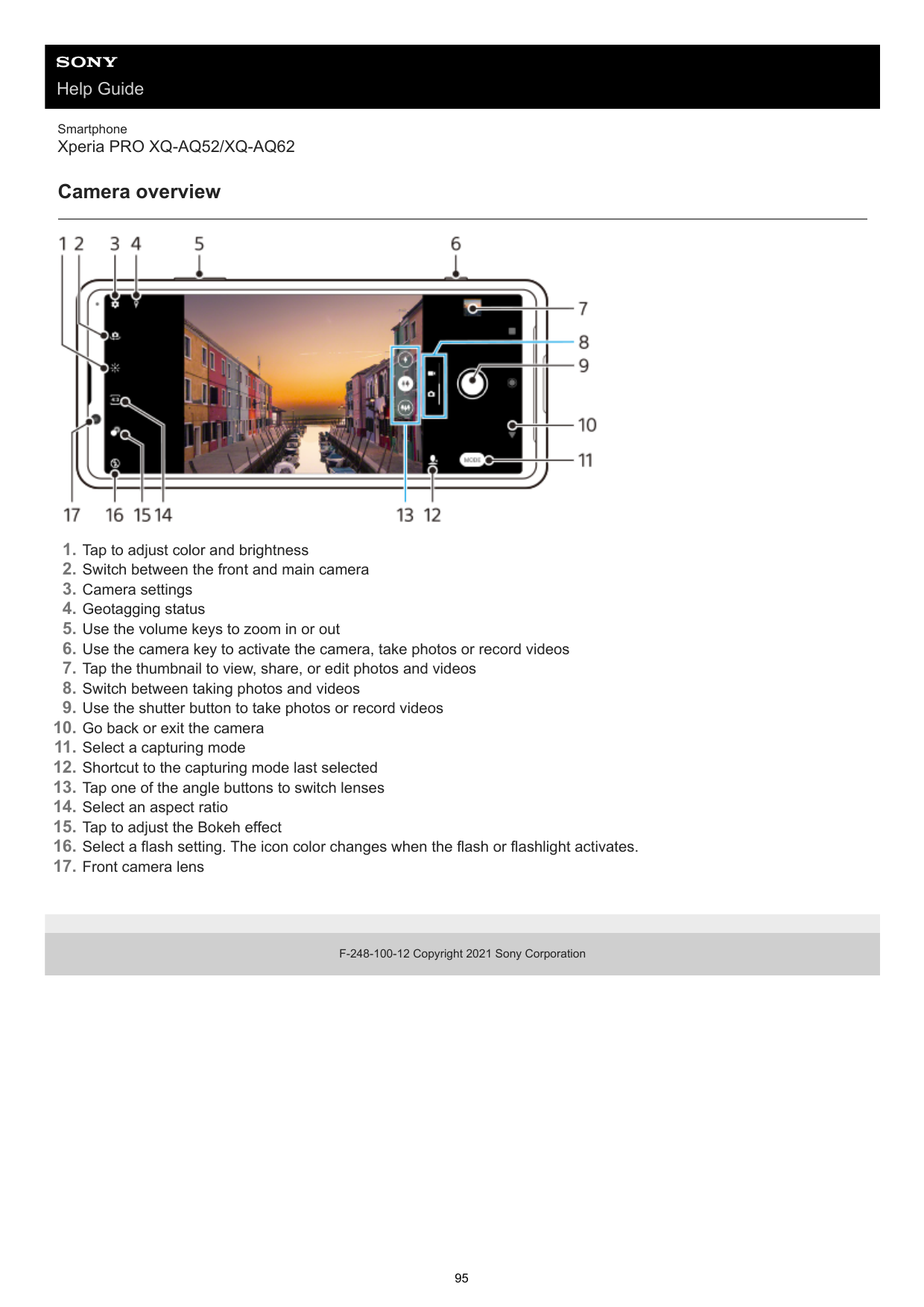 Help GuideSmartphoneXperia PRO XQ-AQ52/XQ-AQ62Camera overview1.2.3.4.5.6.7.8.9.10.11.12.13.14.15.16.17.Tap to adjust color and b