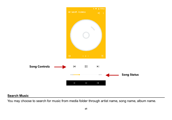 Song ControlsSong StatusSearch MusicYou may choose to search for music from media folder through artist name, song name, album n
