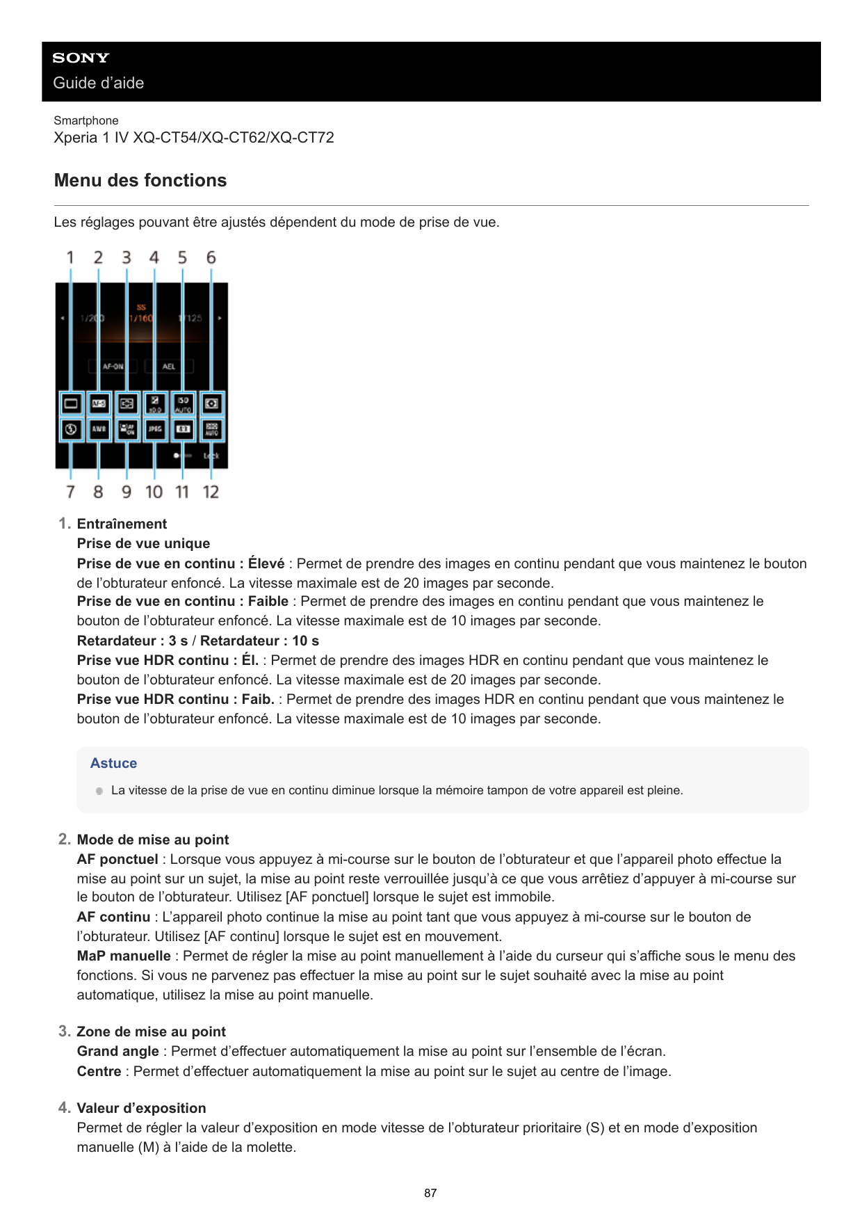 Guide d’aideSmartphoneXperia 1 IV XQ-CT54/XQ-CT62/XQ-CT72Menu des fonctionsLes réglages pouvant être ajustés dépendent du mode d