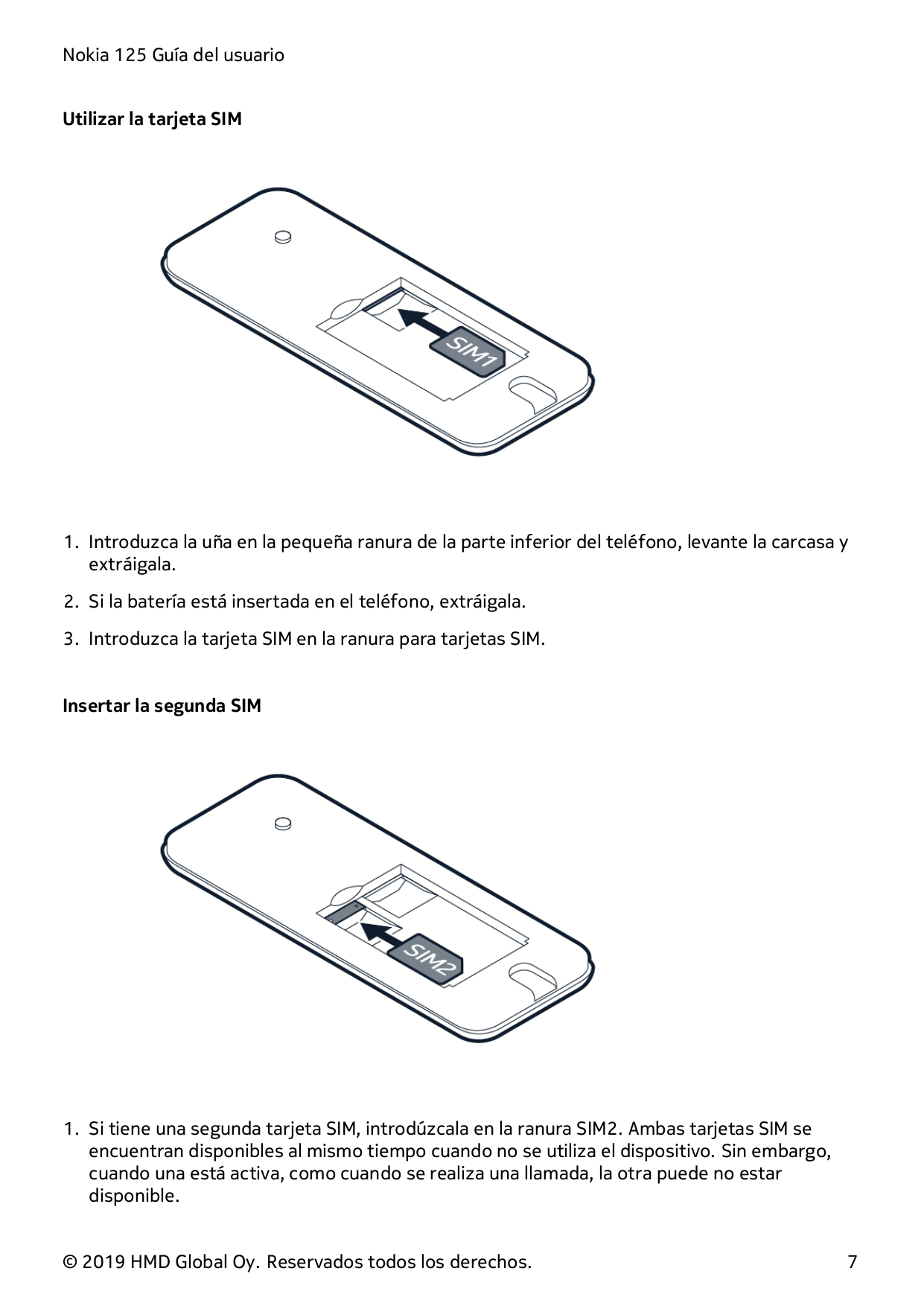 Nokia 125 Guía del usuarioUtilizar la tarjeta SIM1. Introduzca la uña en la pequeña ranura de la parte inferior del teléfono, le