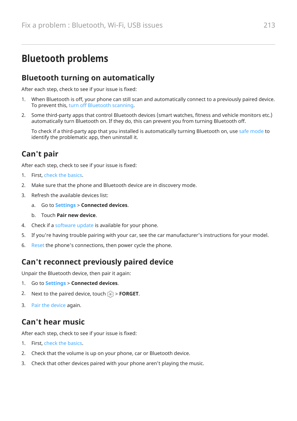 Fix a problem : Bluetooth, Wi-Fi, USB issues213Bluetooth problemsBluetooth turning on automaticallyAfter each step, check to see