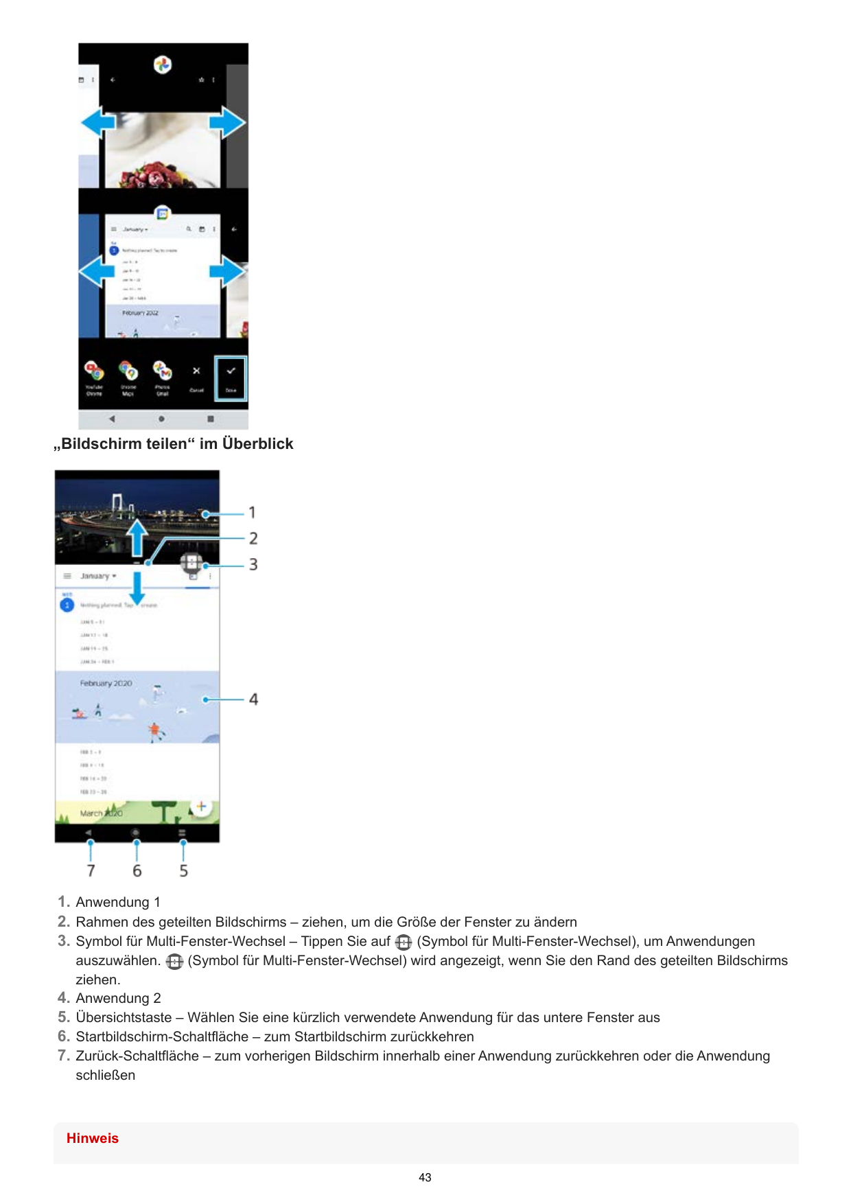 „Bildschirm teilen“ im Überblick1. Anwendung 12. Rahmen des geteilten Bildschirms – ziehen, um die Größe der Fenster zu ändern(S