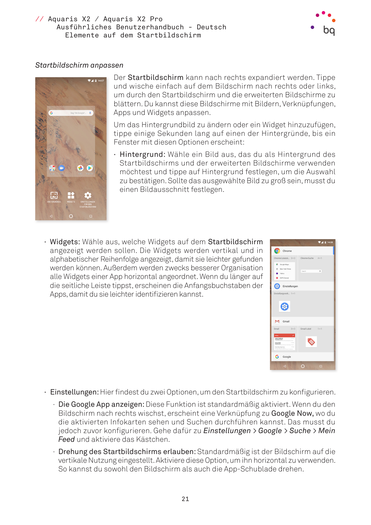 // Aquaris X2 / Aquaris X2 ProAusführliches Benutzerhandbuch - DeutschElemente auf dem StartbildschirmStartbildschirm anpassenDe