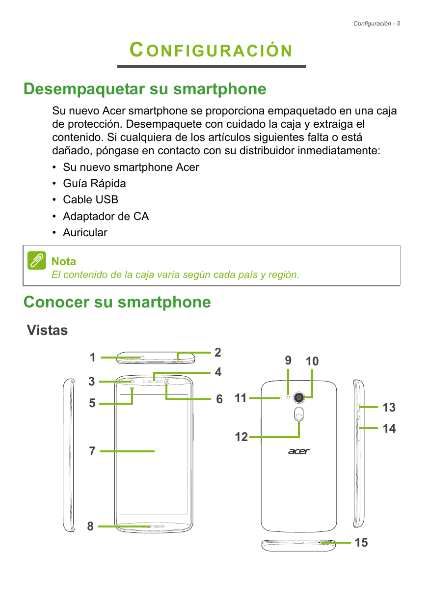 Configuración - 5CONFIGURACIÓNDesempaquetar su smartphoneSu nuevo Acer smartphone se proporciona empaquetado en una cajade prote