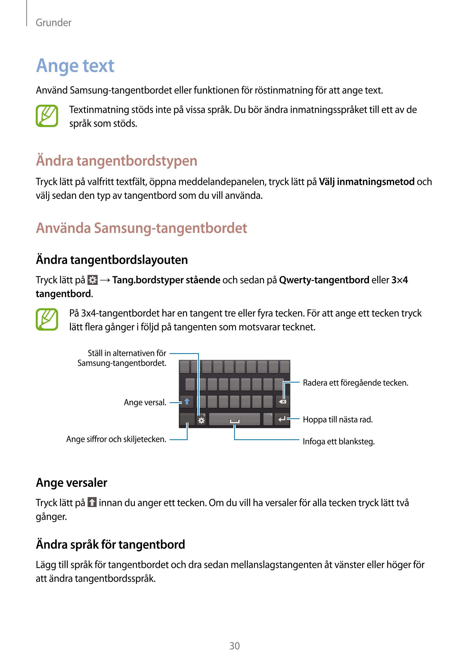 Grunder
Ange text
Använd Samsung-tangentbordet eller funktionen för röstinmatning för att ange text.
Textinmatning stöds inte på