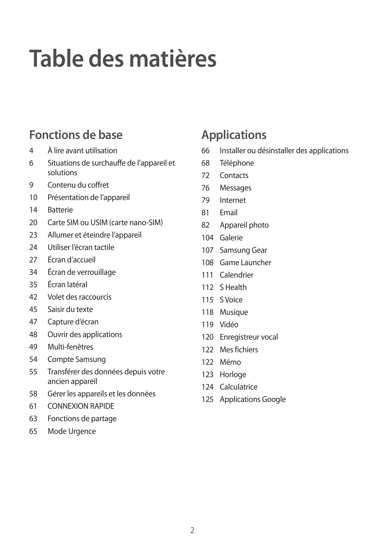 Table des matièresFonctions de baseApplications4666 Installer ou désinstaller des applications68Téléphone72Contacts76Messages79I