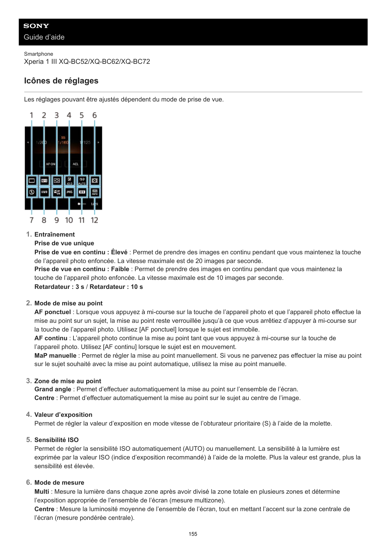 Guide d’aideSmartphoneXperia 1 III XQ-BC52/XQ-BC62/XQ-BC72Icônes de réglagesLes réglages pouvant être ajustés dépendent du mode 