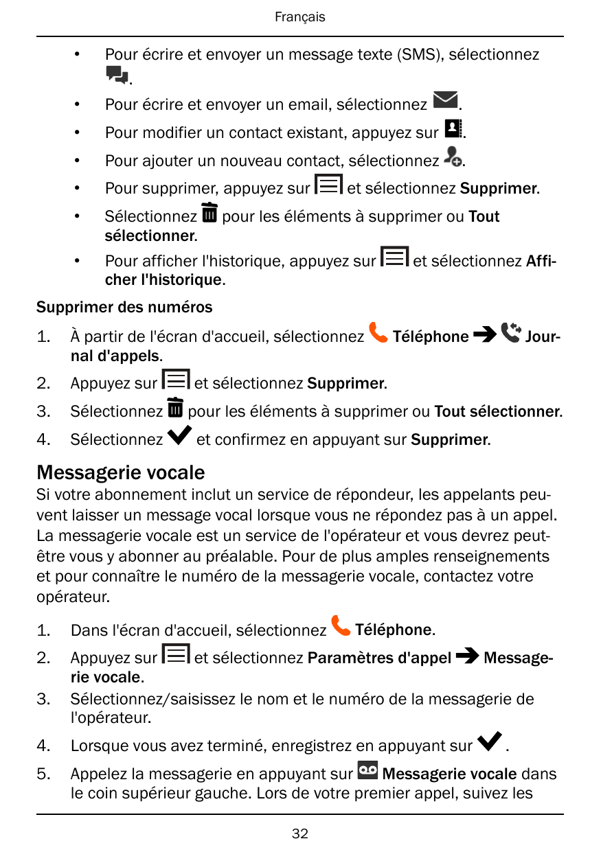Français••Pour écrire et envoyer un message texte (SMS), sélectionnez.Pour écrire et envoyer un email, sélectionnez.•Pour modifi