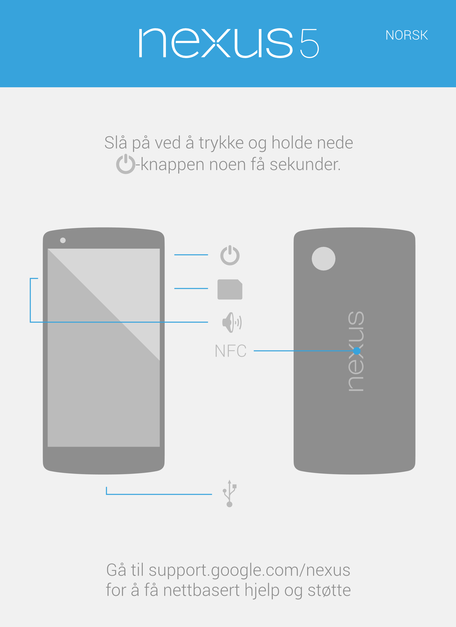 NORSK
Slå på ved å trykke og holde nede 
-knappen noen få sekunder.
NFC
Gå til support.google.com/nexus
for å få nettbasert hjel