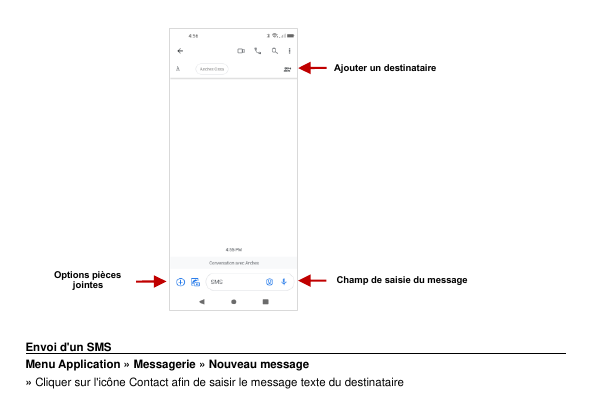 Ajouter un destinataireOptions piècesjointesChamp de saisie du messagetexteEnvoi d'un SMSMenu Application » Messagerie » Nouveau