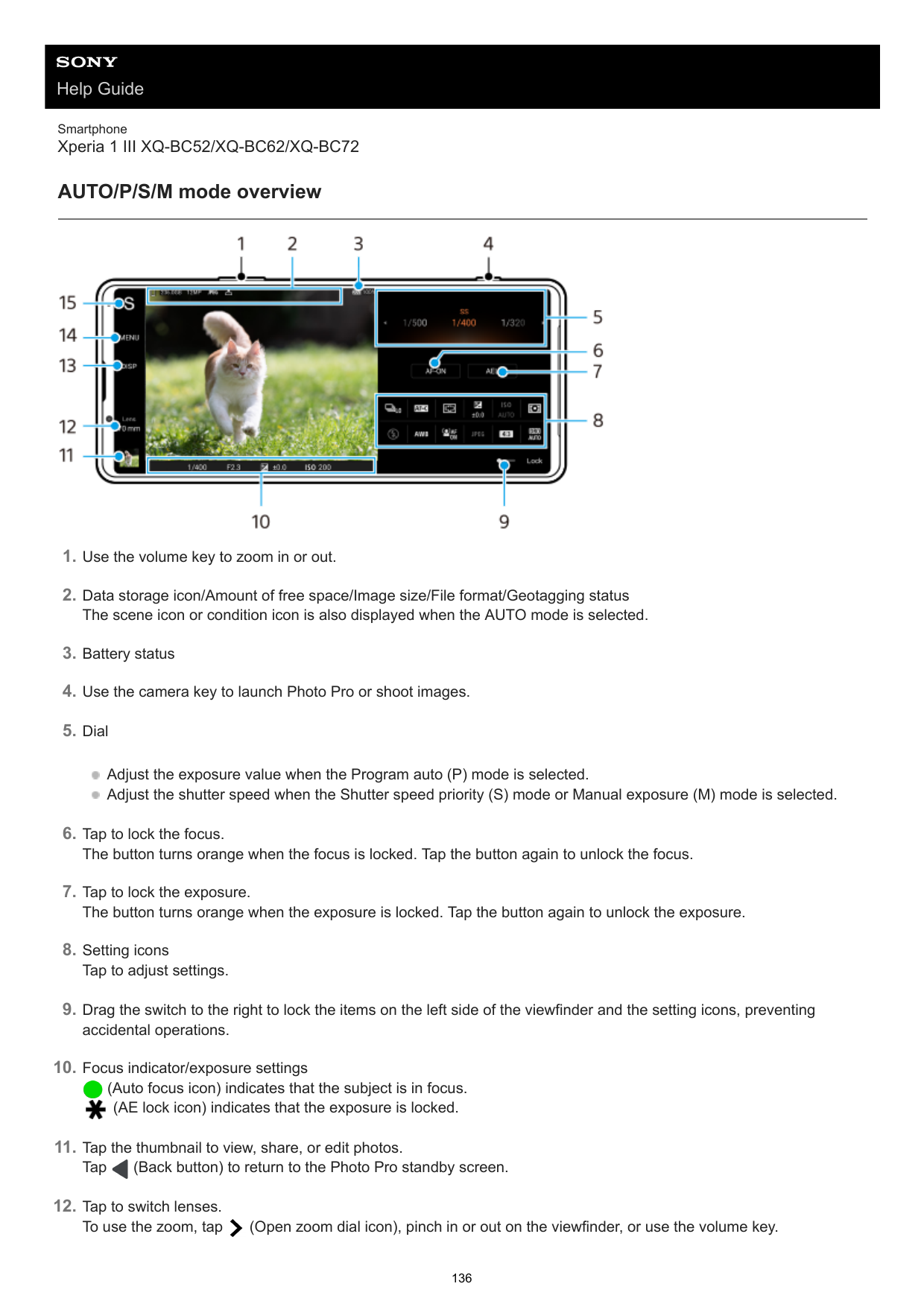 Help GuideSmartphoneXperia 1 III XQ-BC52/XQ-BC62/XQ-BC72AUTO/P/S/M mode overview1. Use the volume key to zoom in or out.2. Data 
