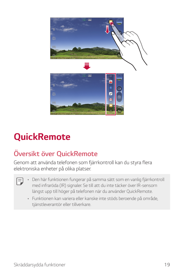 QuickRemoteÖversikt över QuickRemoteGenom att använda telefonen som fjärrkontroll kan du styra fleraelektroniska enheter på olik