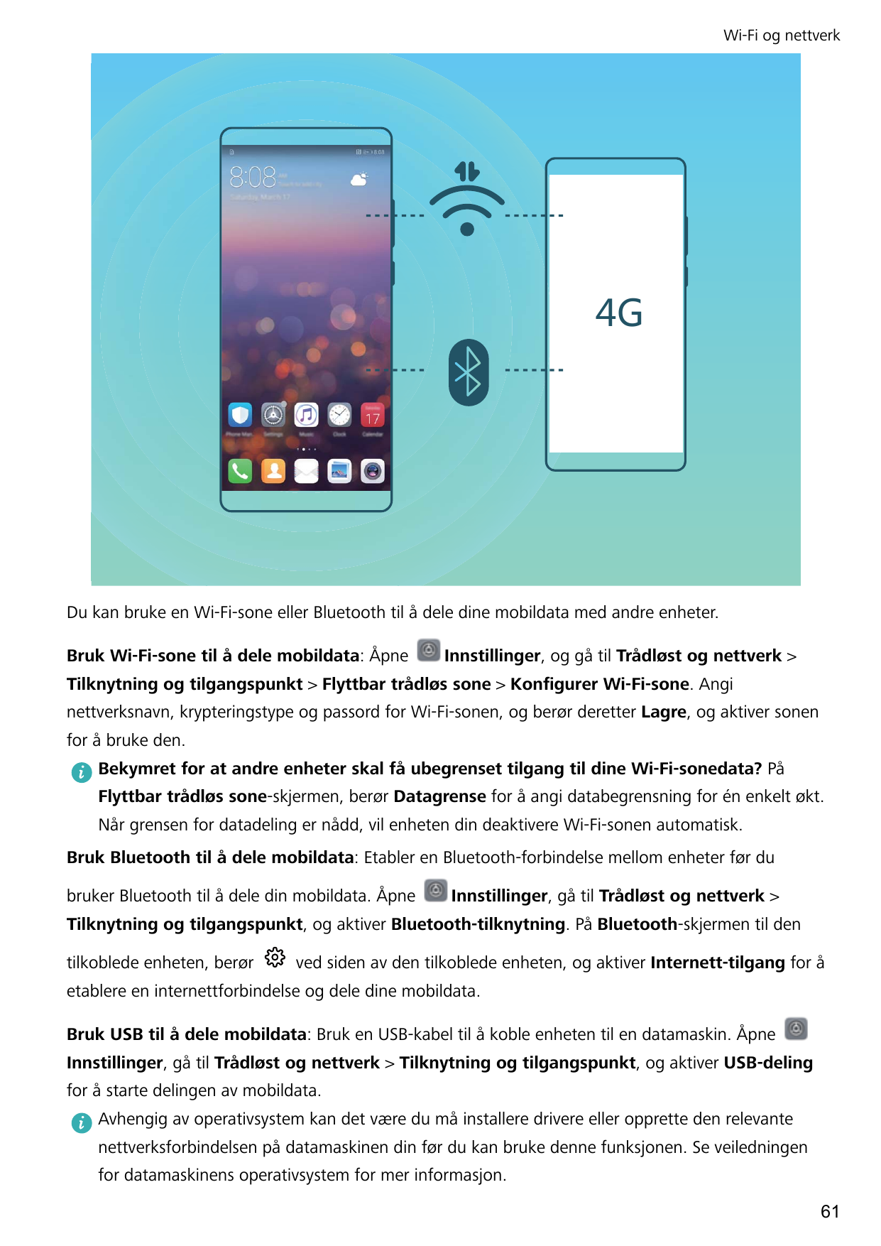 Wi-Fi og nettverk-Du kan bruke en Wi-Fi-sone eller Bluetooth til å dele dine mobildata med andre enheter.Bruk Wi-Fi-sone til å d