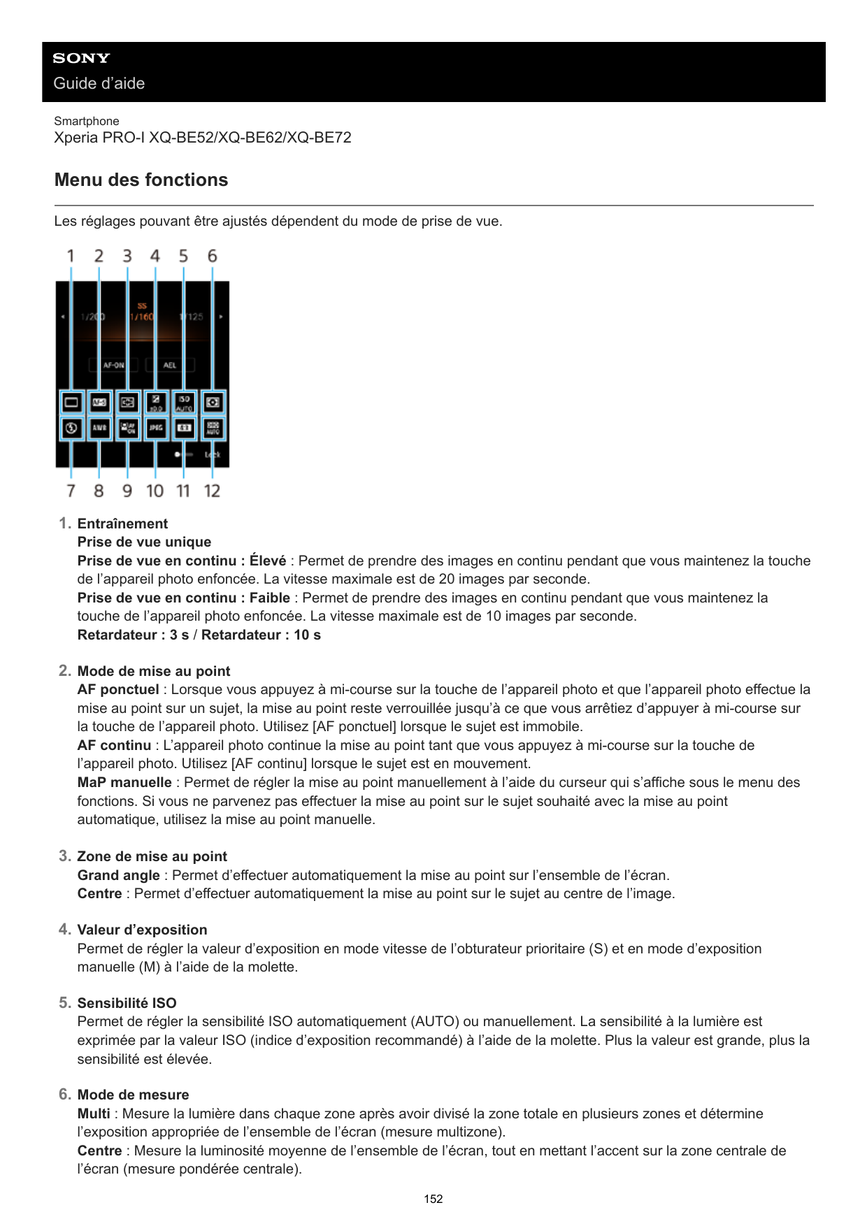 Guide d’aideSmartphoneXperia PRO-I XQ-BE52/XQ-BE62/XQ-BE72Menu des fonctionsLes réglages pouvant être ajustés dépendent du mode 