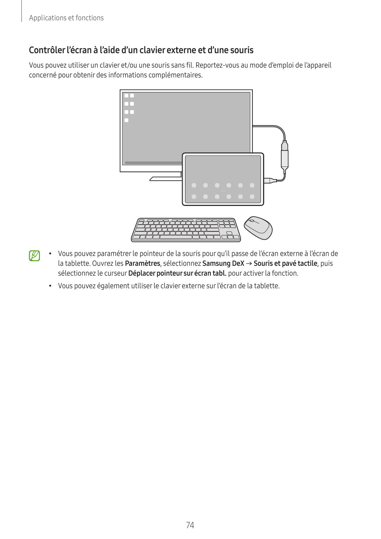 Applications et fonctionsContrôler l’écran à l’aide d’un clavier externe et d’une sourisVous pouvez utiliser un clavier et/ou un