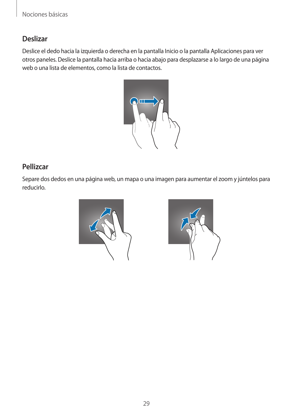 Nociones básicasDeslizarDeslice el dedo hacia la izquierda o derecha en la pantalla Inicio o la pantalla Aplicaciones para verot