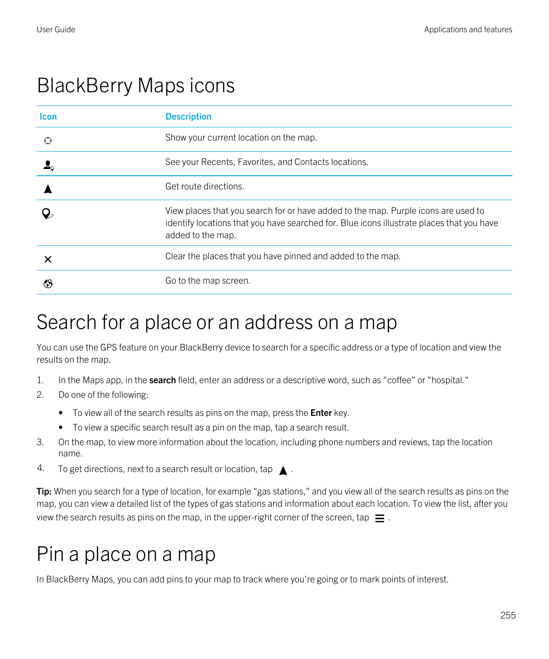User GuideApplications and featuresBlackBerry Maps iconsIconDescriptionShow your current location on the map.See your Recents, F