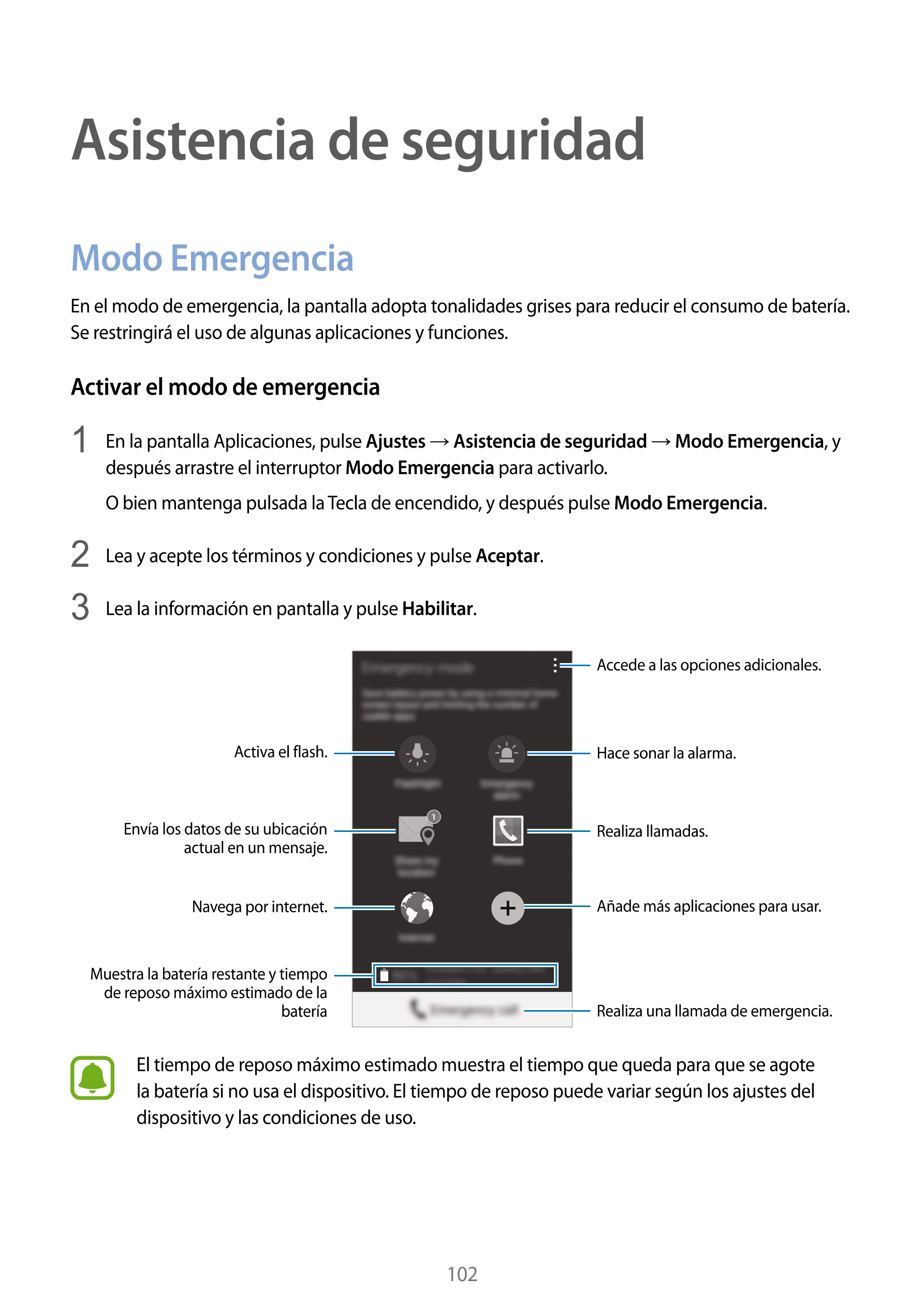 Asistencia de seguridad
Modo Emergencia
En el modo de emergencia, la pantalla adopta tonalidades grises para reducir el consumo 