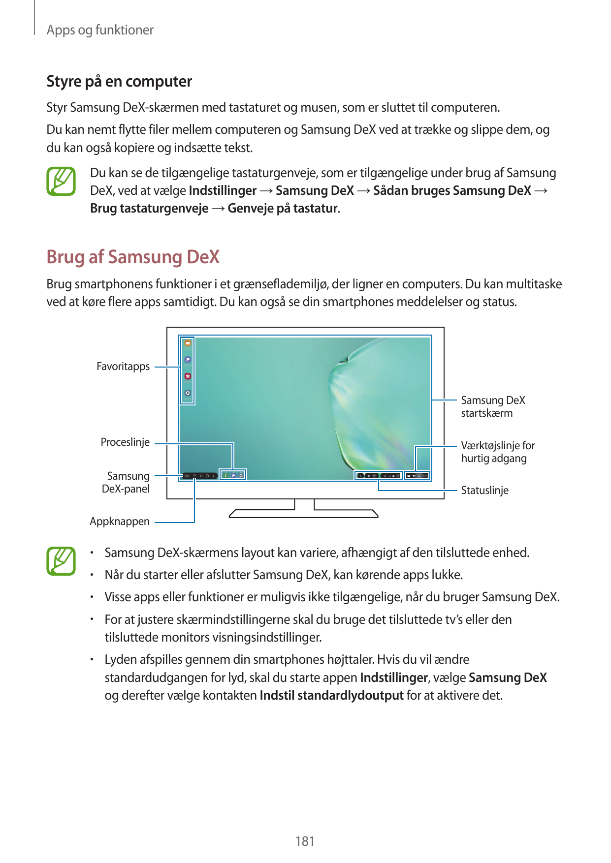 Apps og funktionerStyre på en computerStyr Samsung DeX-skærmen med tastaturet og musen, som er sluttet til computeren.Du kan nem
