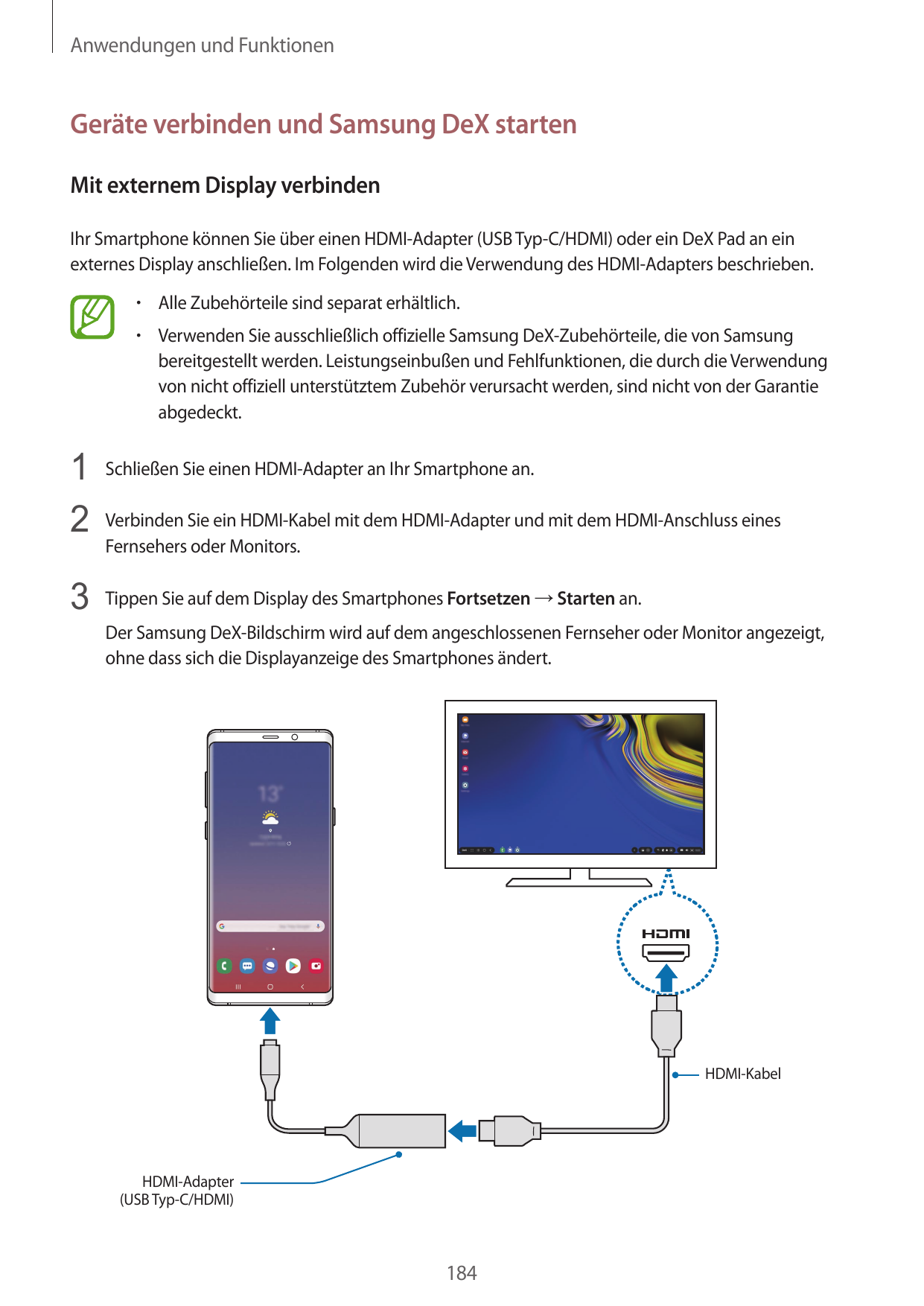 Anwendungen und FunktionenGeräte verbinden und Samsung DeX startenMit externem Display verbindenIhr Smartphone können Sie über e