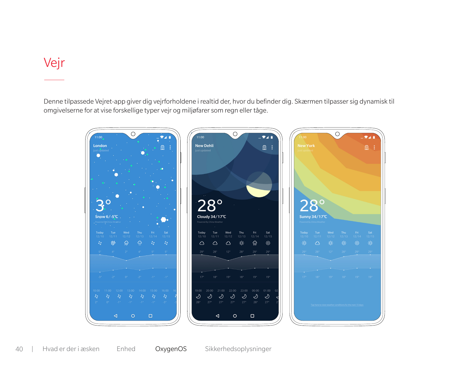 VejrDenne tilpassede Vejret-app giver dig vejrforholdene i realtid der, hvor du befinder dig. Skærmen tilpasser sig dynamisk til