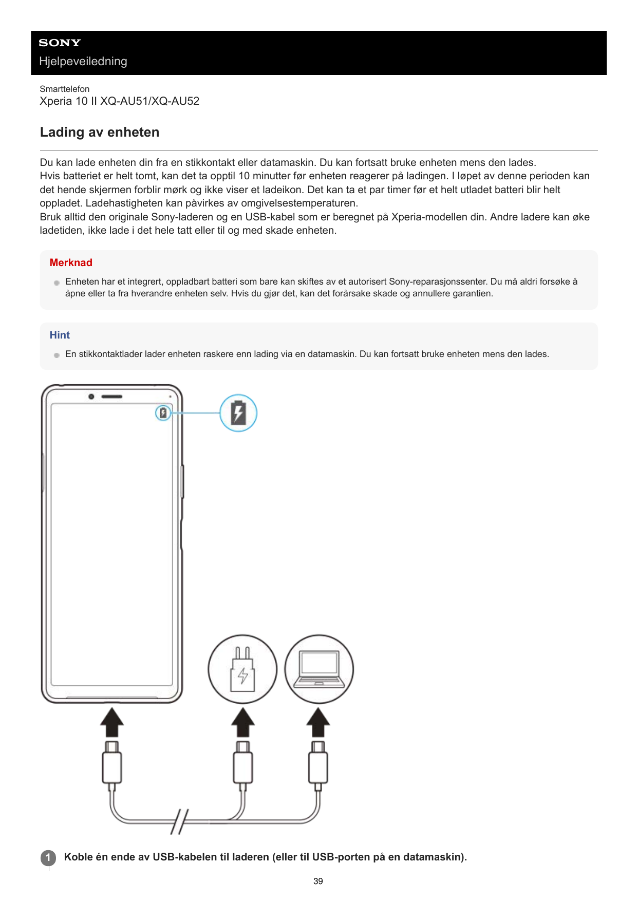 HjelpeveiledningSmarttelefonXperia 10 II XQ-AU51/XQ-AU52Lading av enhetenDu kan lade enheten din fra en stikkontakt eller datama