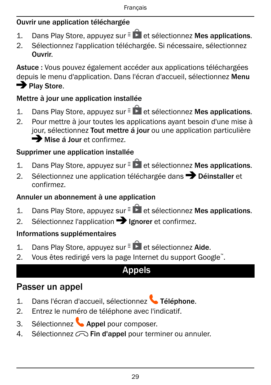 FrançaisOuvrir une application téléchargée1.2.Dans Play Store, appuyez suret sélectionnez Mes applications.Sélectionnez l'applic