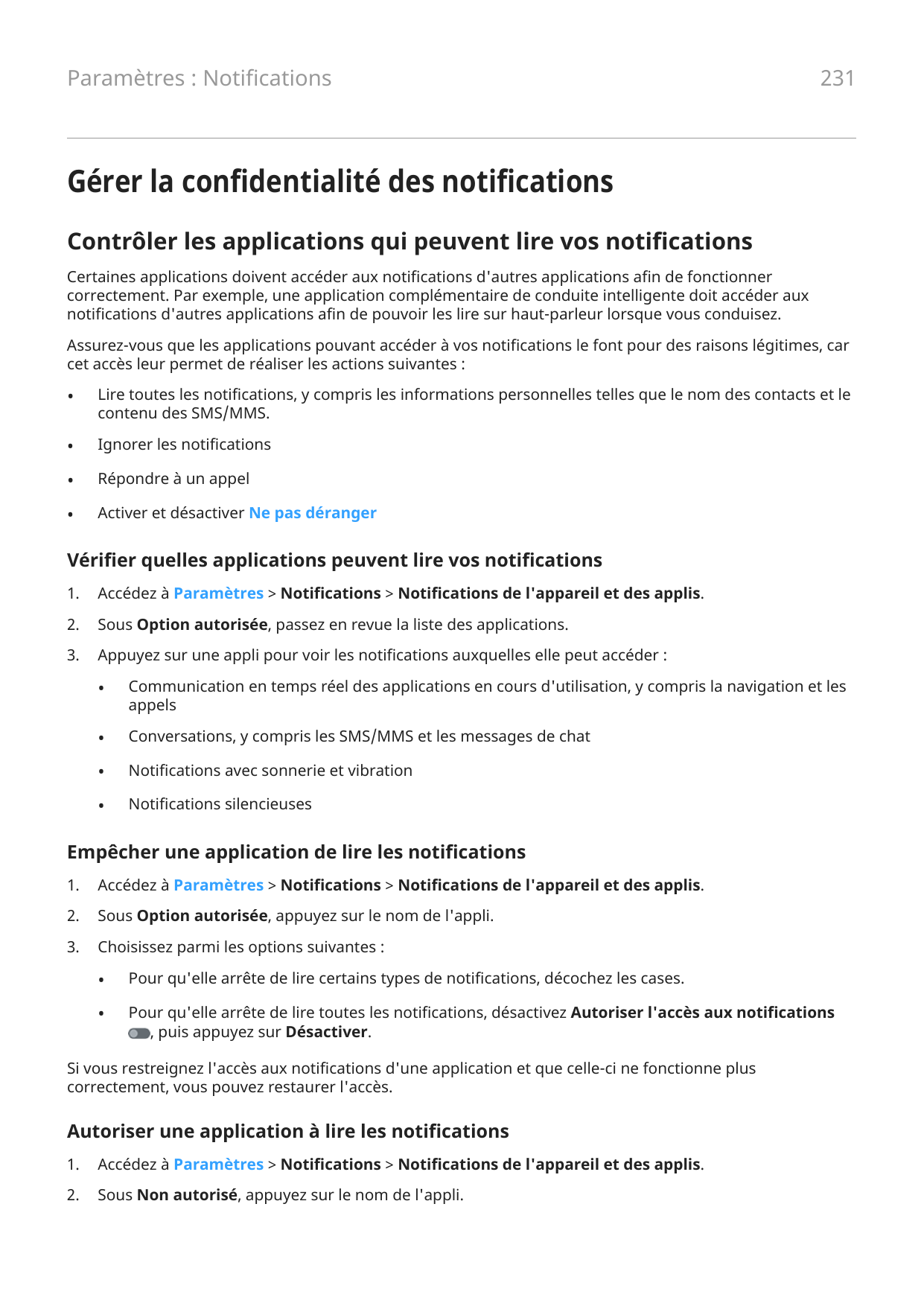 Paramètres : Notifications231Gérer la confidentialité des notificationsContrôler les applications qui peuvent lire vos notificat