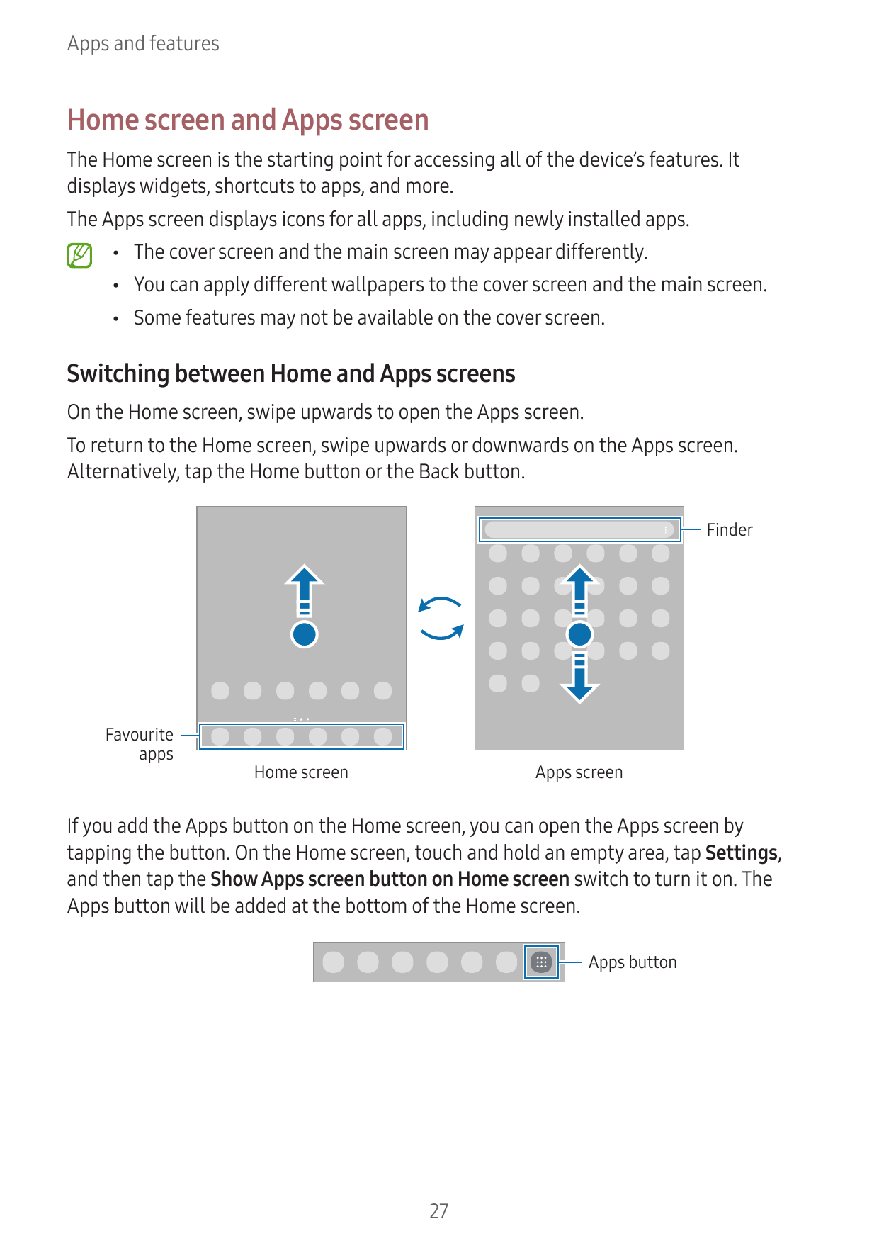 Apps and featuresHome screen and Apps screenThe Home screen is the starting point for accessing all of the device’s features. It