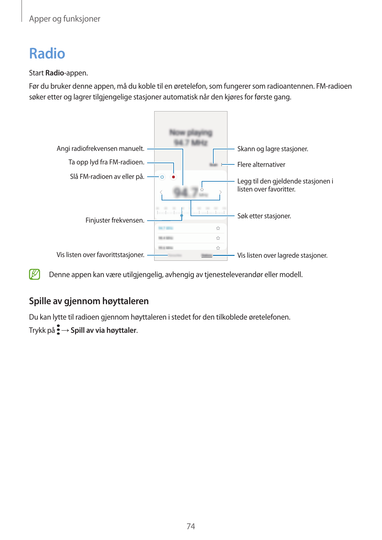 Apper og funksjonerRadioStart Radio-appen.Før du bruker denne appen, må du koble til en øretelefon, som fungerer som radioantenn