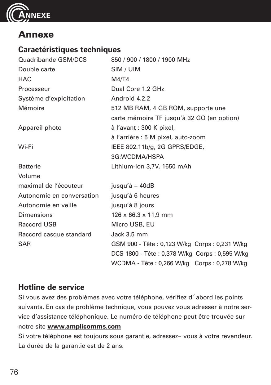 ANNEXEAnnexeCaractéristiques techniquesQuadribande GSM/DCS850 / 900 / 1800 / 1900 MHzDouble carteSIM / UIMHACM4/T4ProcesseurDual