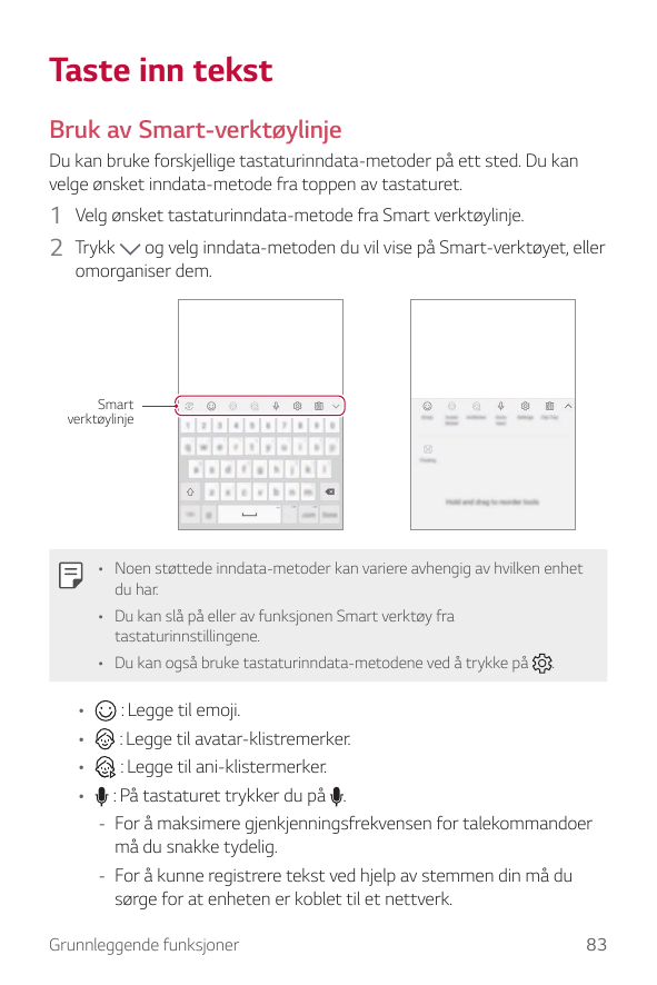 Taste inn tekstBruk av Smart-verktøylinjeDu kan bruke forskjellige tastaturinndata-metoder på ett sted. Du kanvelge ønsket innda