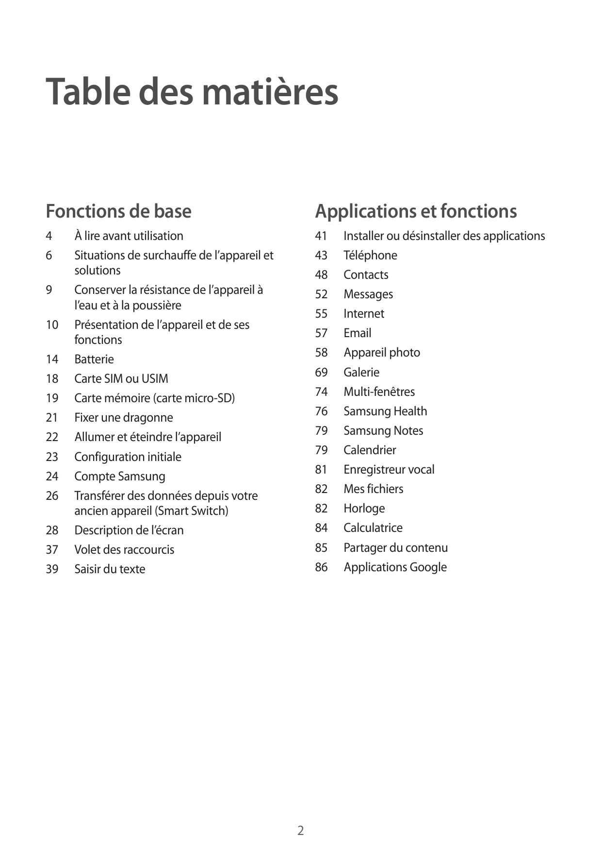 Table des matièresFonctions de baseApplications et fonctions4641 Installer ou désinstaller des applications43Téléphone48Contacts