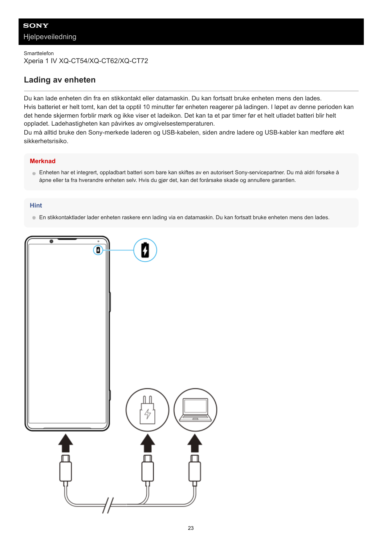 HjelpeveiledningSmarttelefonXperia 1 IV XQ-CT54/XQ-CT62/XQ-CT72Lading av enhetenDu kan lade enheten din fra en stikkontakt eller