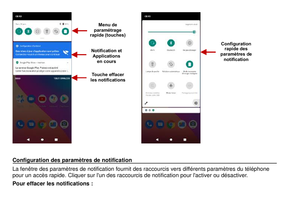 Menu deparamétragerapide (touches)Notification etApplicationsen coursConfigurationrapide desparamètres denotificationTouche effa