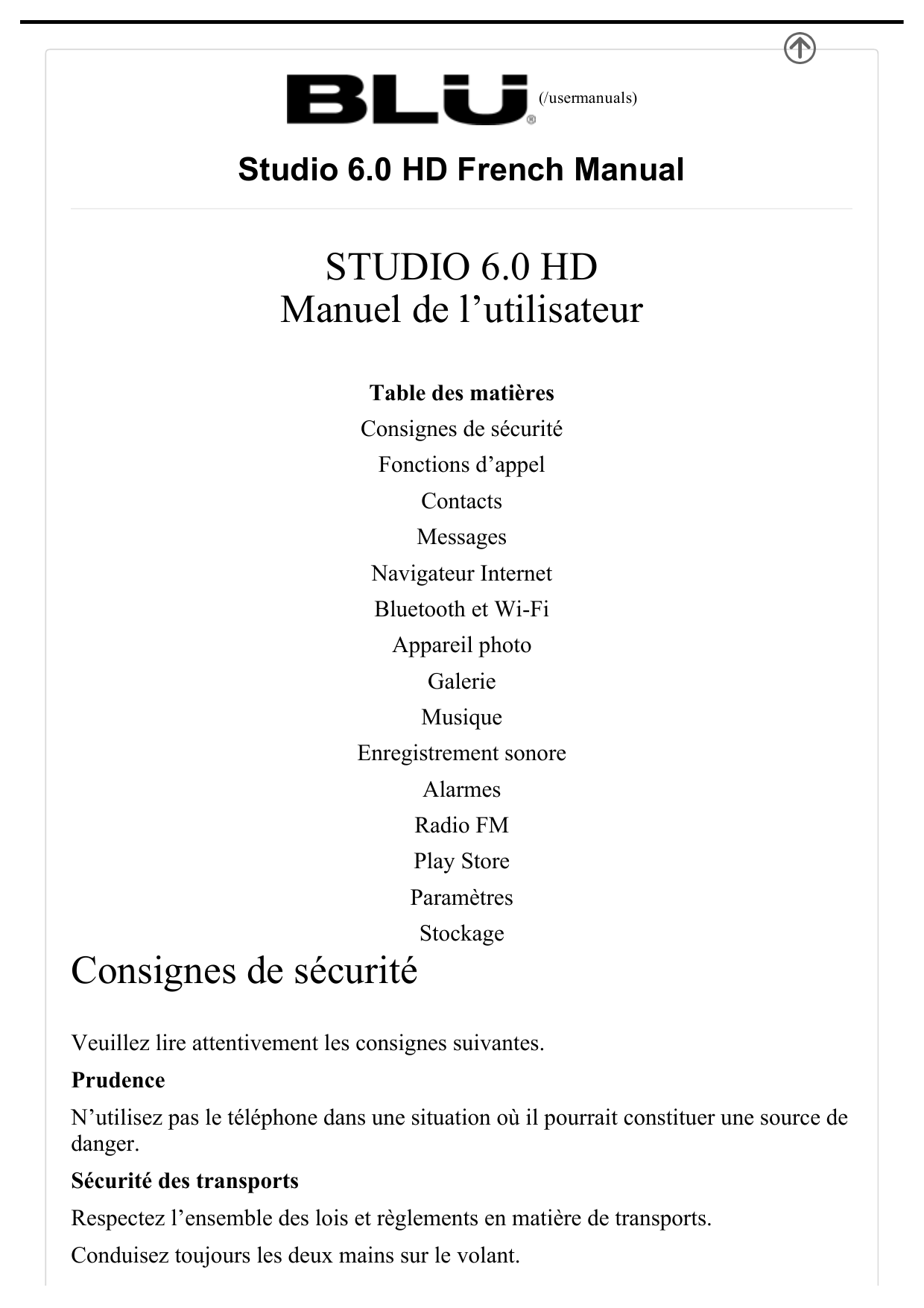  (/usermanuals)Studio 6.0 HD French Manual STUDIO 6.0 HDManuel de l’utilisateur Table des matièresConsignes de sécuritéFonctions