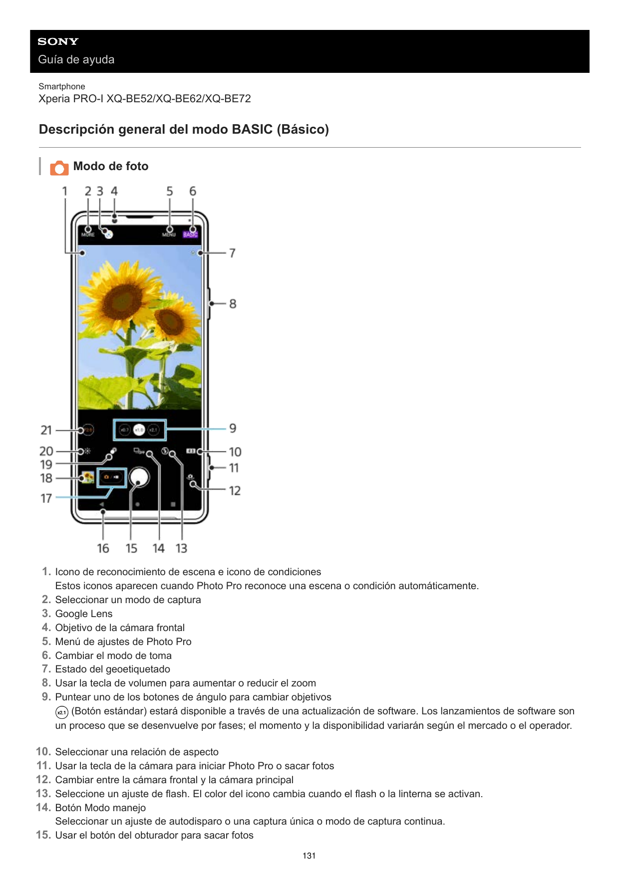 Guía de ayudaSmartphoneXperia PRO-I XQ-BE52/XQ-BE62/XQ-BE72Descripción general del modo BASIC (Básico)Modo de foto1. Icono de re