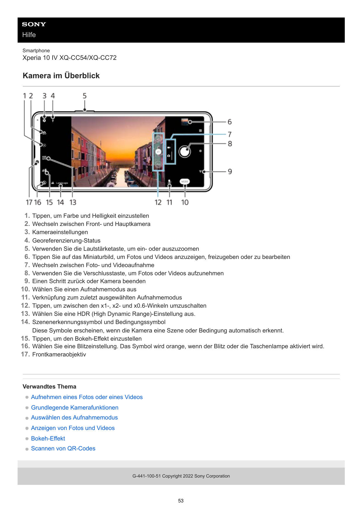 HilfeSmartphoneXperia 10 IV XQ-CC54/XQ-CC72Kamera im Überblick1.2.3.4.5.6.7.8.9.10.11.12.13.14.Tippen, um Farbe und Helligkeit e