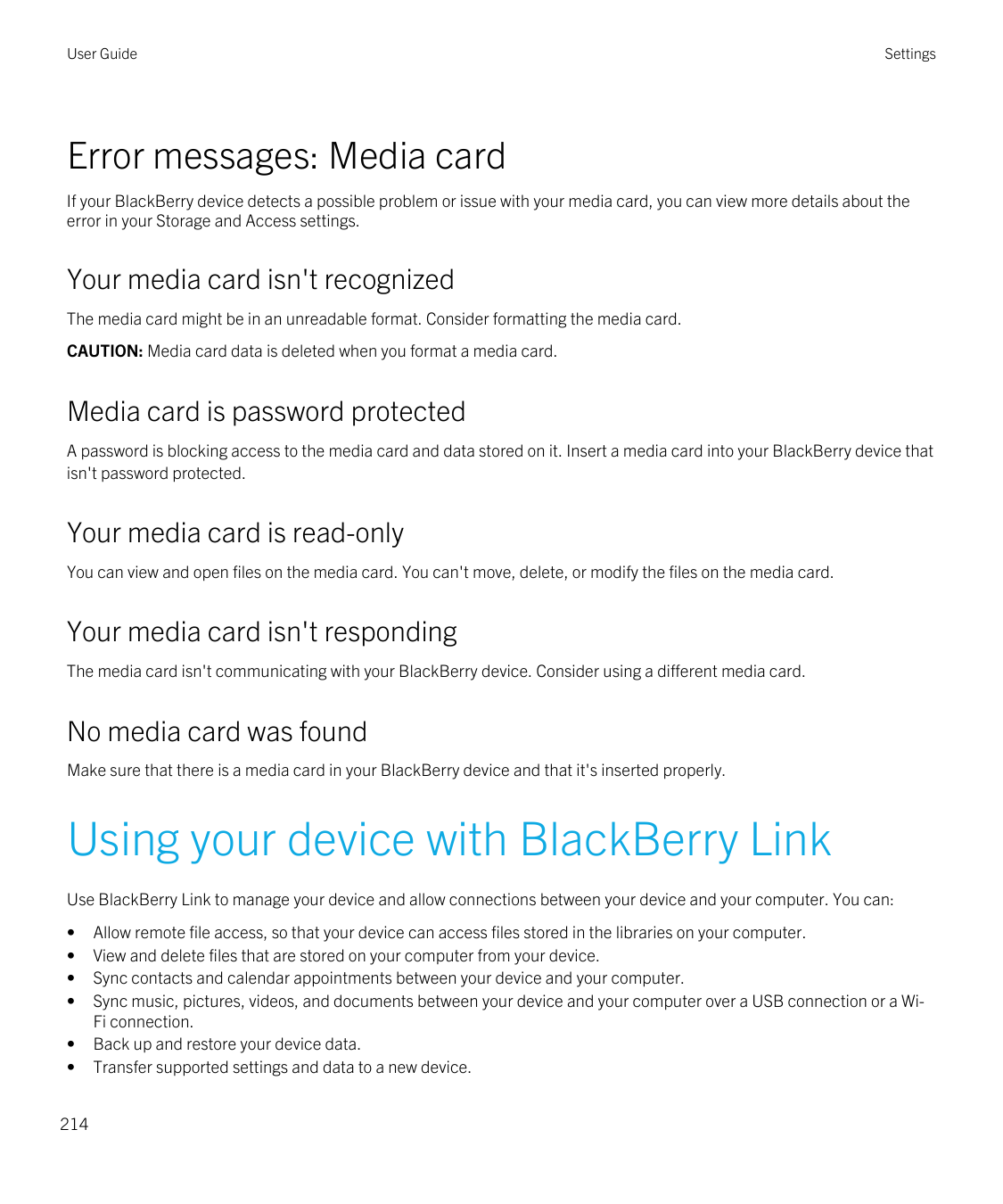 User GuideSettingsError messages: Media cardIf your BlackBerry device detects a possible problem or issue with your media card, 