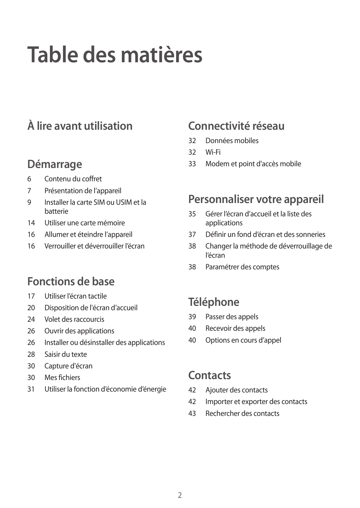 Table des matièresÀ lire avant utilisationConnectivité réseauDémarrage32 Données mobiles32Wi-Fi33 Modem et point d'accès mobile6